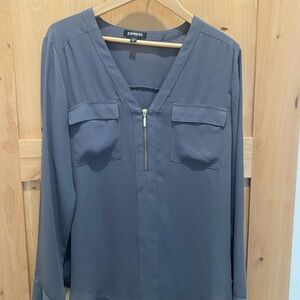 Express Gray Long Sleeve Blouse with V-Neck